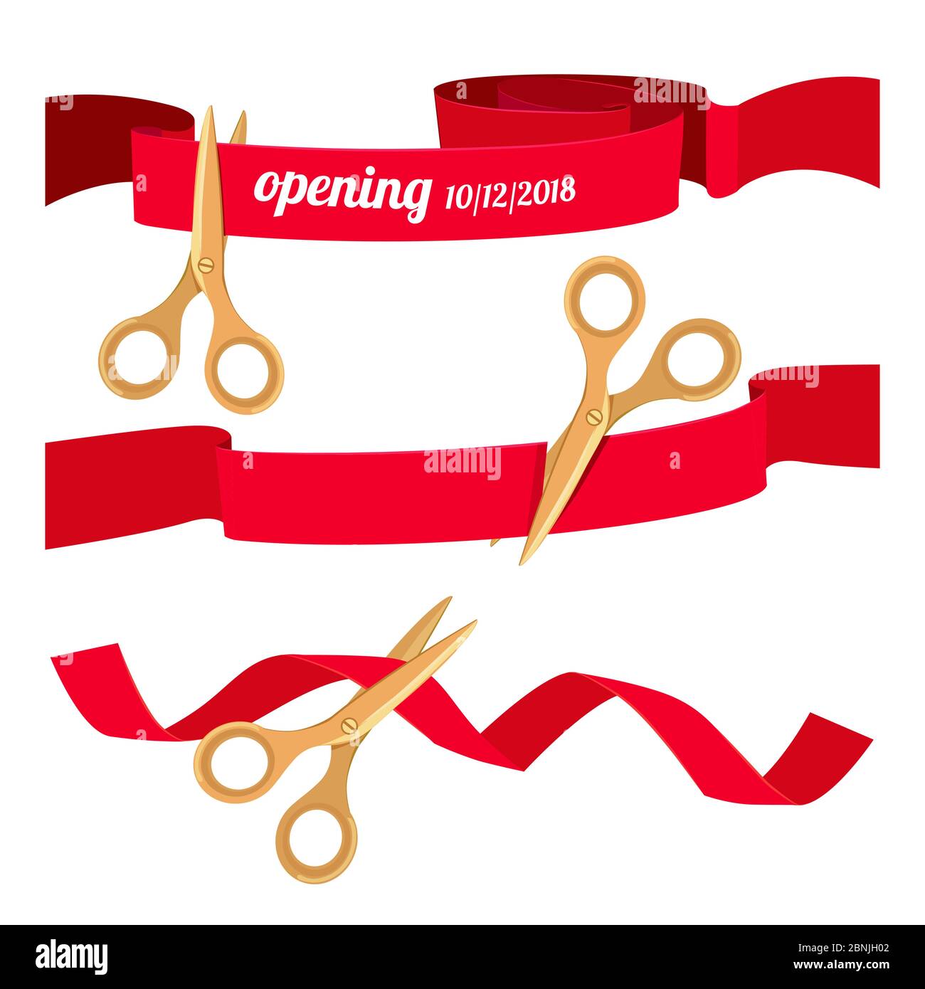 Set illustrations with scissors cutting red ribbons Stock Vector Image