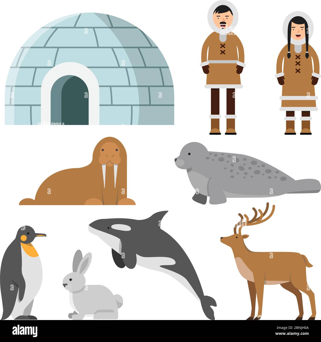 Polar, arctic animals and residents of the north near eskimo ice house Stock Vector