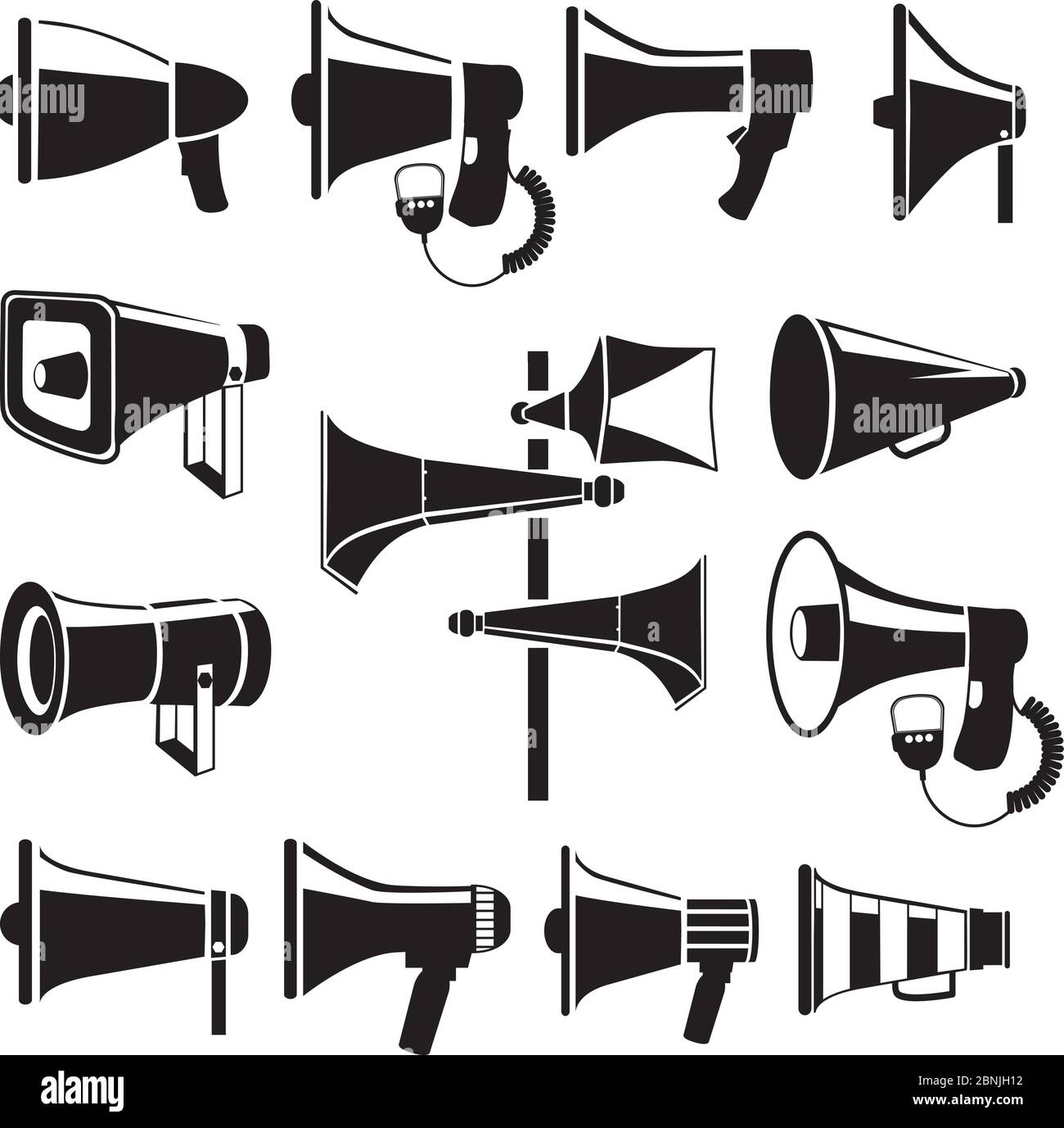 Set monochrome pictures of megaphones. Vector symbols of advertising