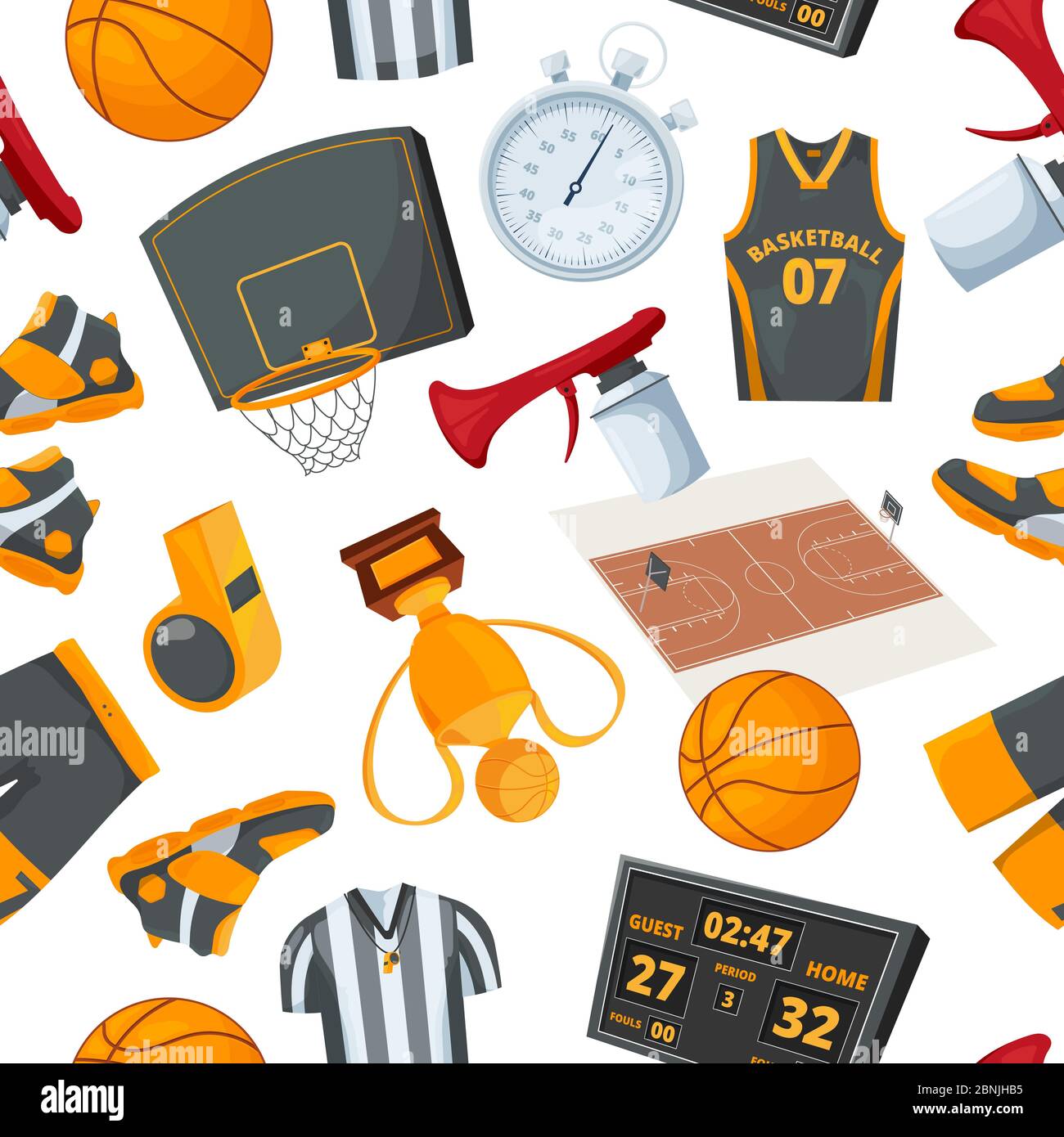 Vector seamless pattern at basketball theme. Illustrations in cartoon style Stock Vector