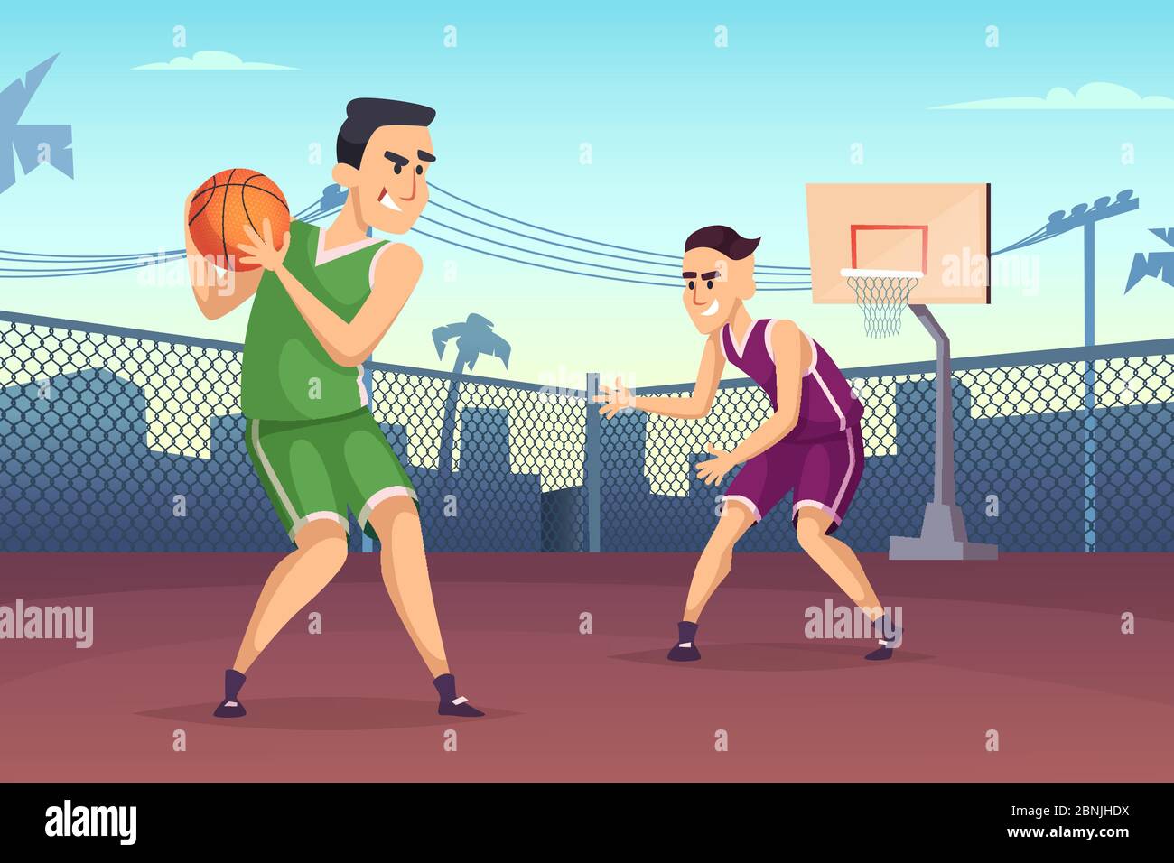 Background illustrations of basketball players playing on the court Stock Vector
