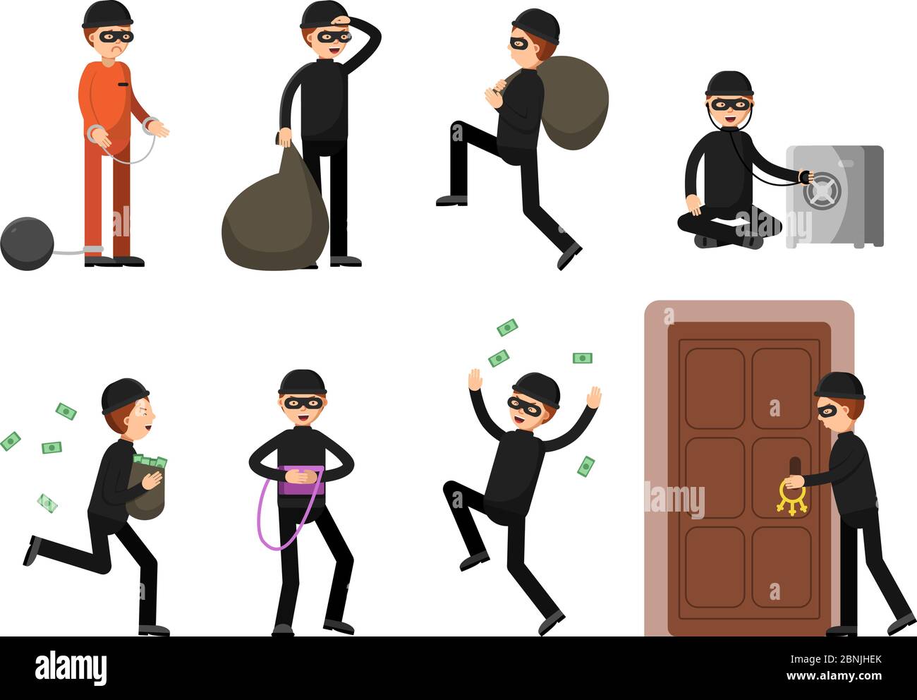 Criminal illustrations of theif characters in different action poses Stock Vector