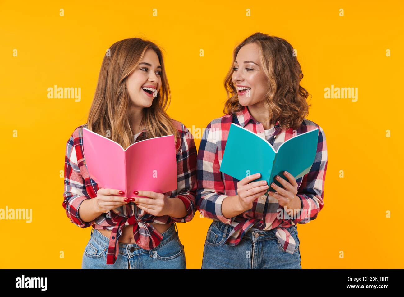 Image of two young beautiful girls wearing plaid shirts smiling and holding diary books isolated over yellow background Stock Photo