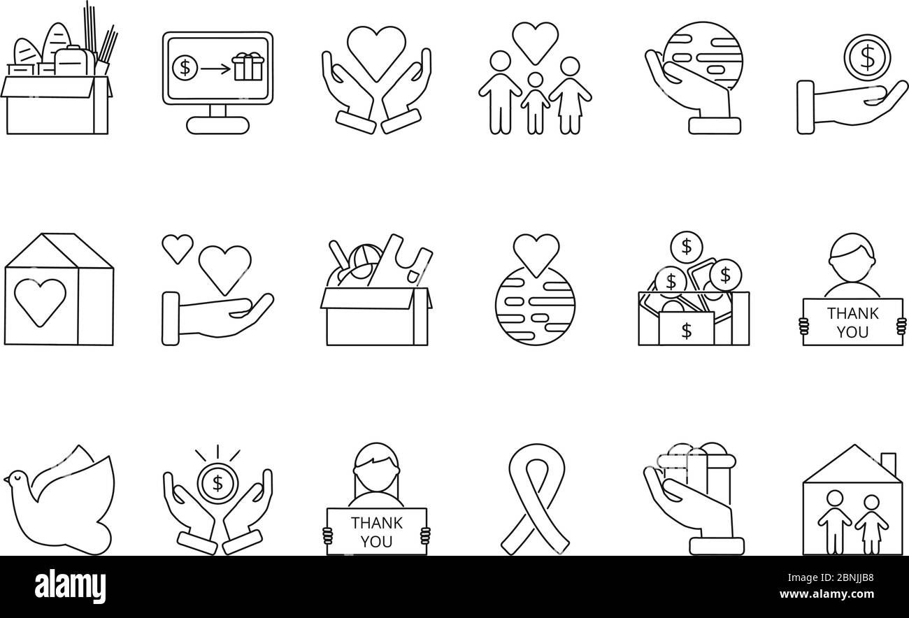 Symbols of volunteers and charities organisations. Monolines icons set Stock Vector