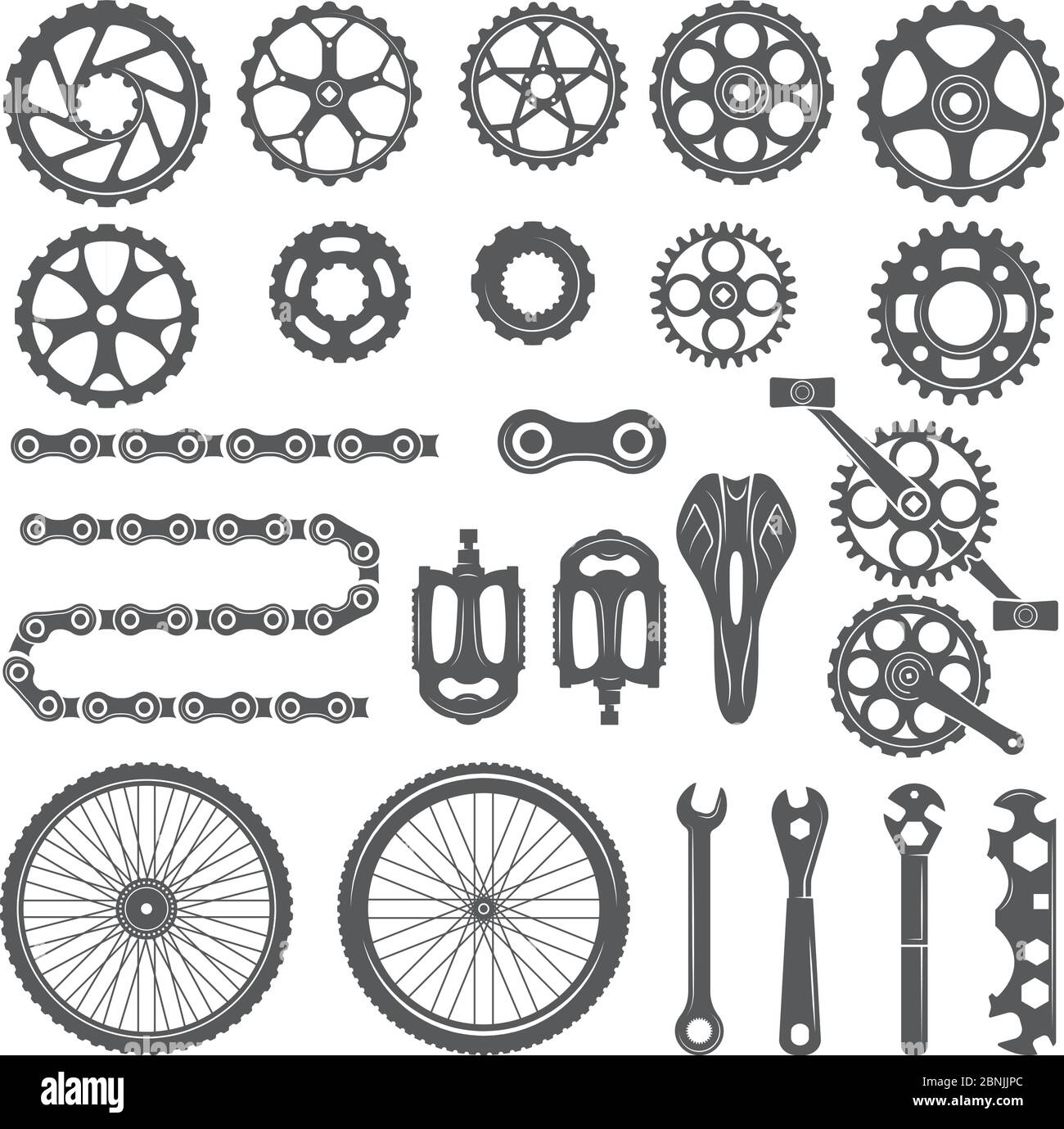 Gears, chains, wheels and other different parts of bicycle Stock Vector. 