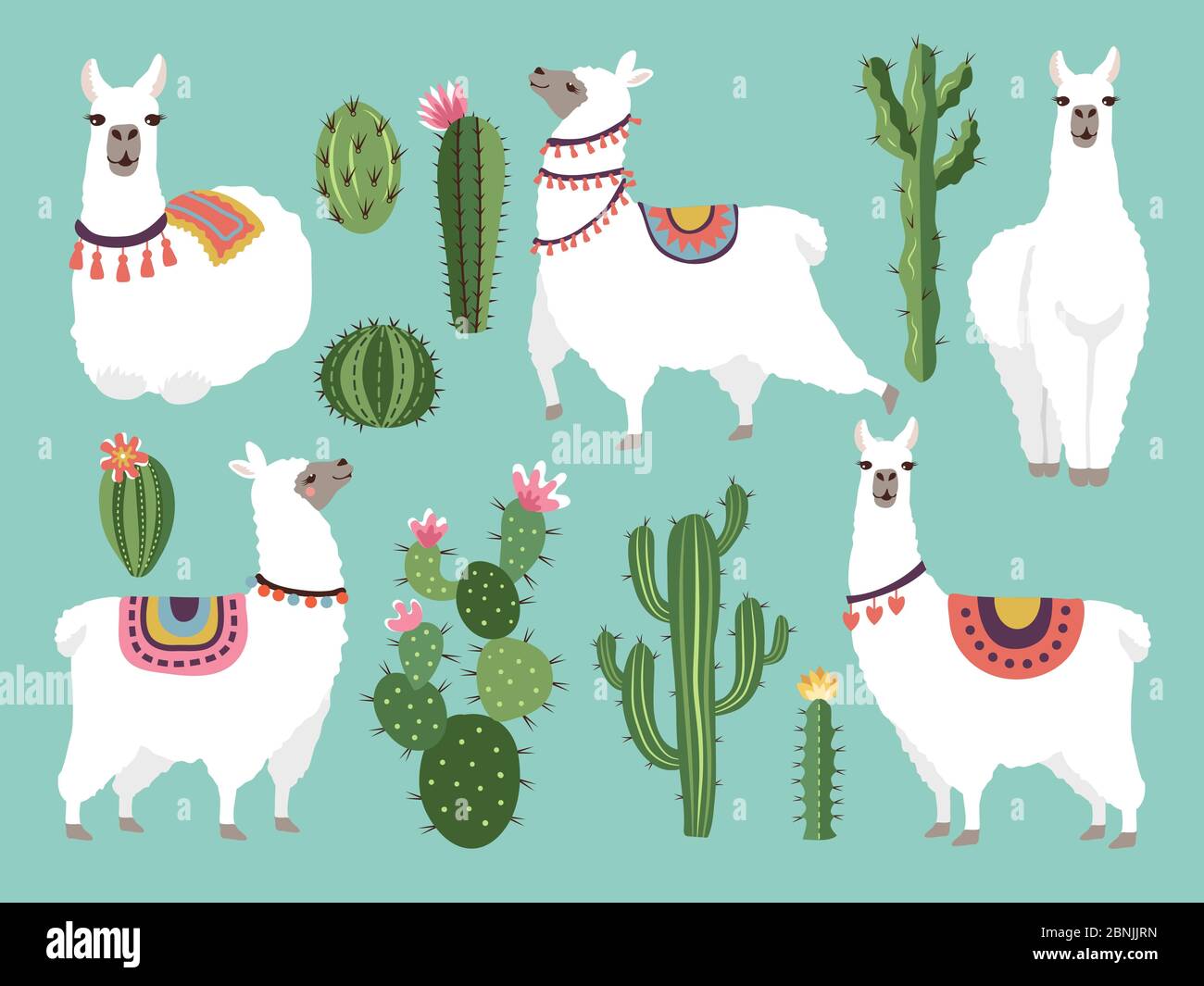 Illustrations of funny llama. Vector animal in flat style Stock Vector