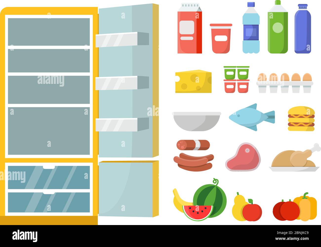 Empty refrigerator and different food. Vector flat illustrations Stock Vector