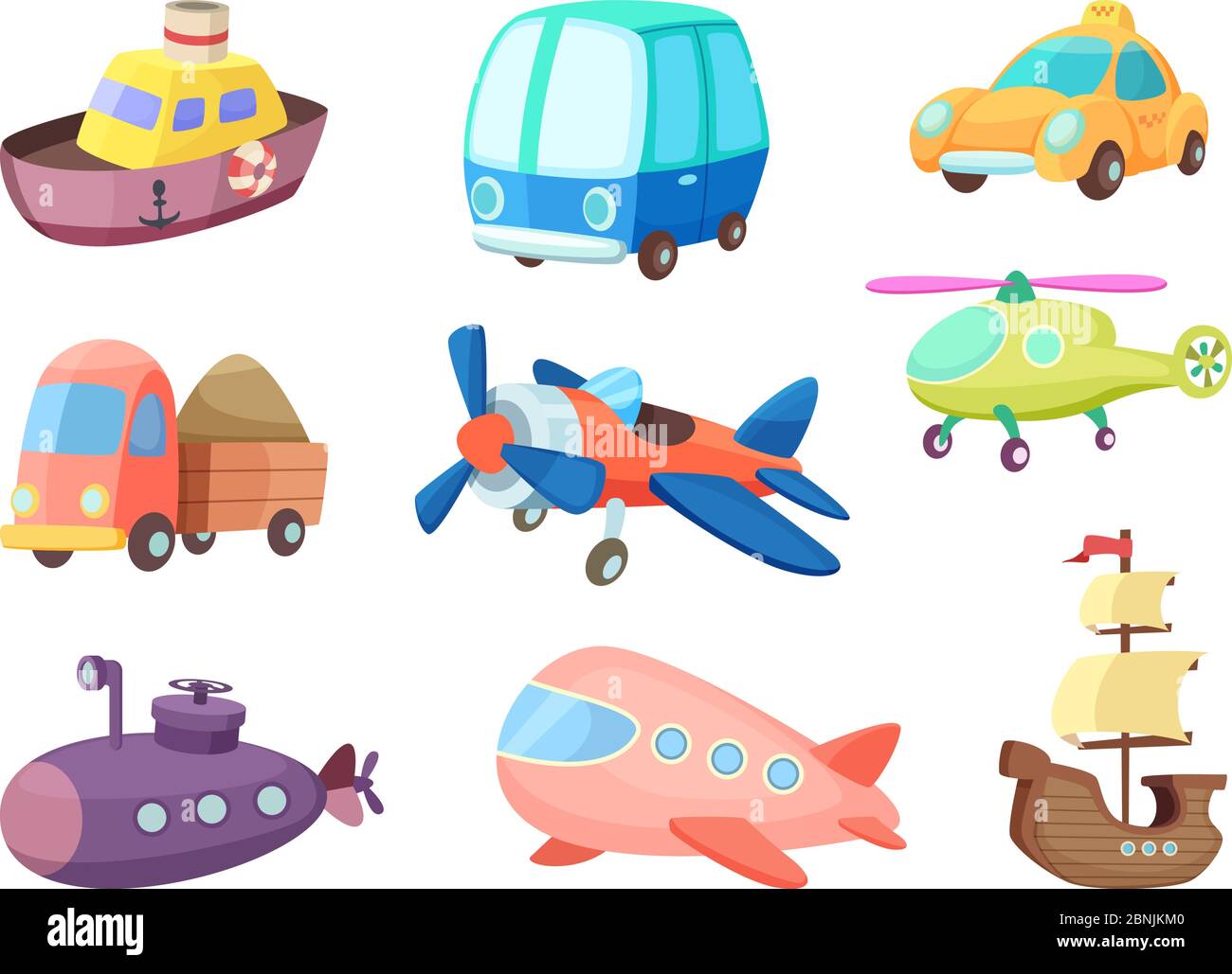 Cartoon illustrations of various transportation. Airplanes, ship, cars and others. Vector pictures of toys for kids Stock Vector