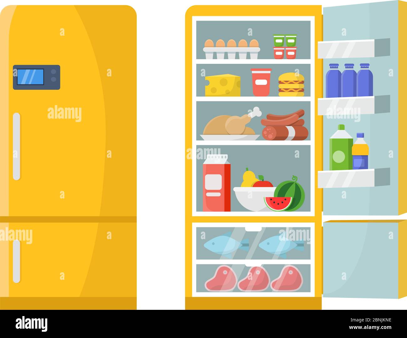 Vector illustrations of empty and closed refrigerator with different healthy food Stock Vector