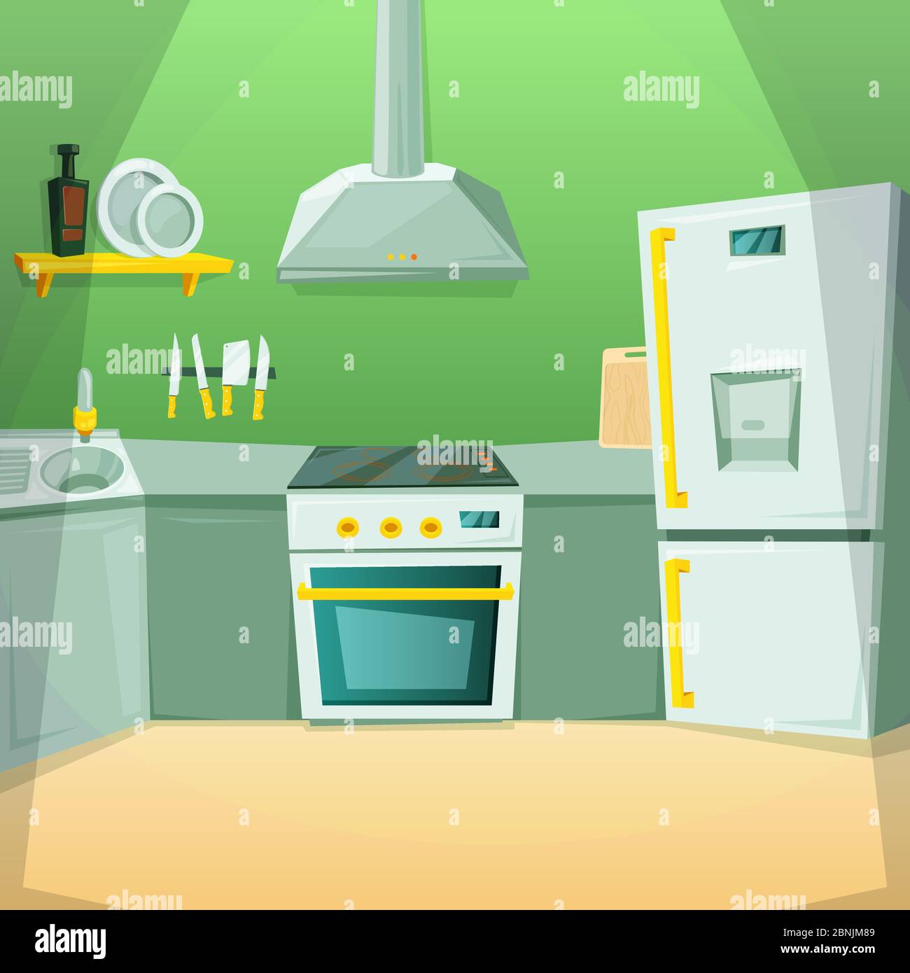 Cartoon pictures of kitchen interior with different furniture items Stock Vector