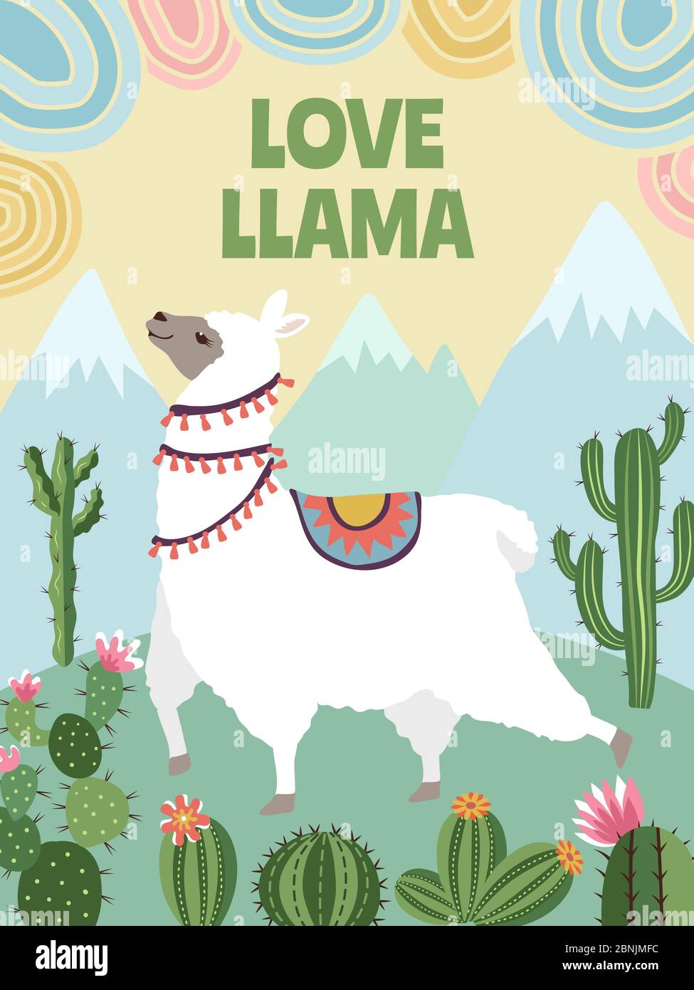 Background vector picture of llama, mountains and cactus. Cartoon