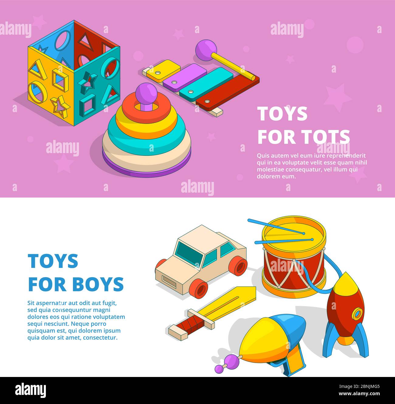 Horizontal banners with illustrations of children toys Stock Vector