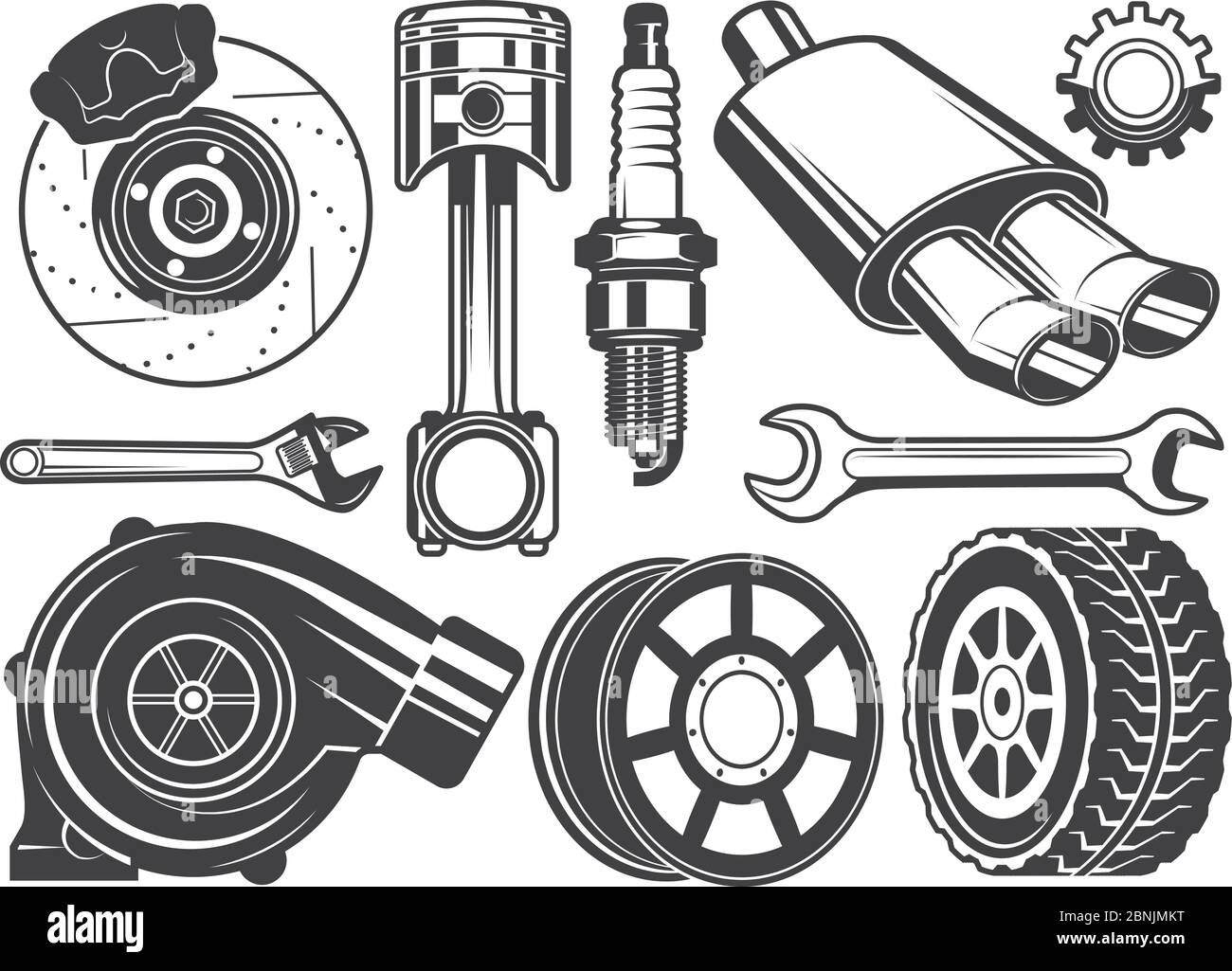 Monochrome pictures of engine, turbocharger cylinder and other automobile tools Stock Vector