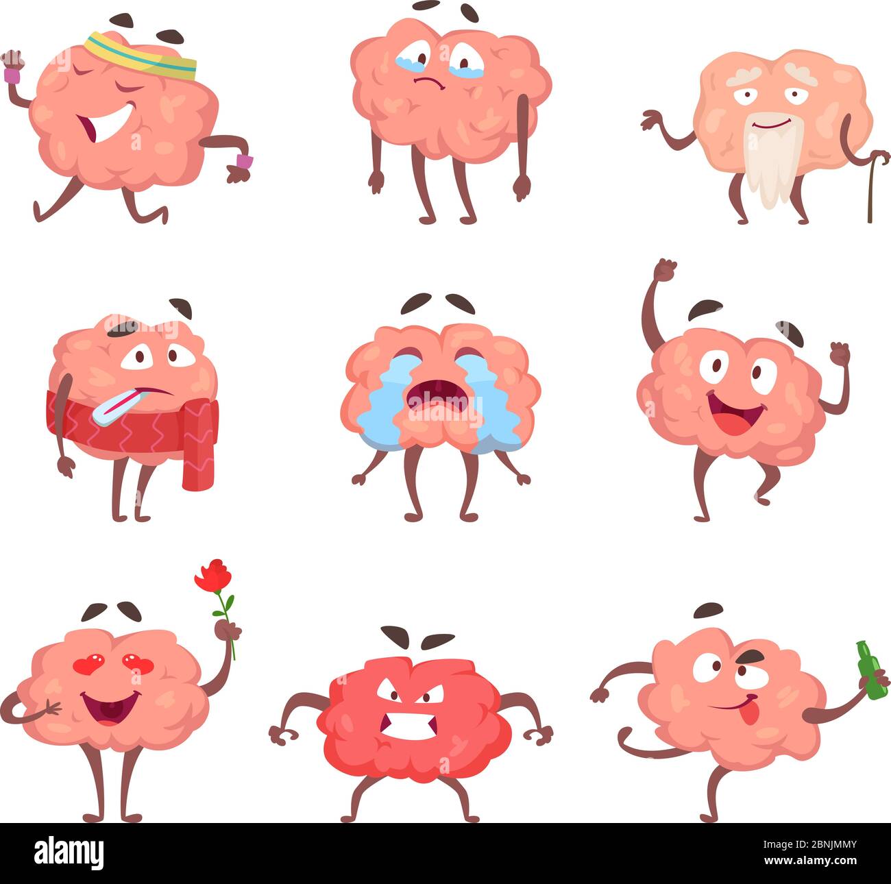 Funny cartoon characters. Brain in action poses Stock Vector
