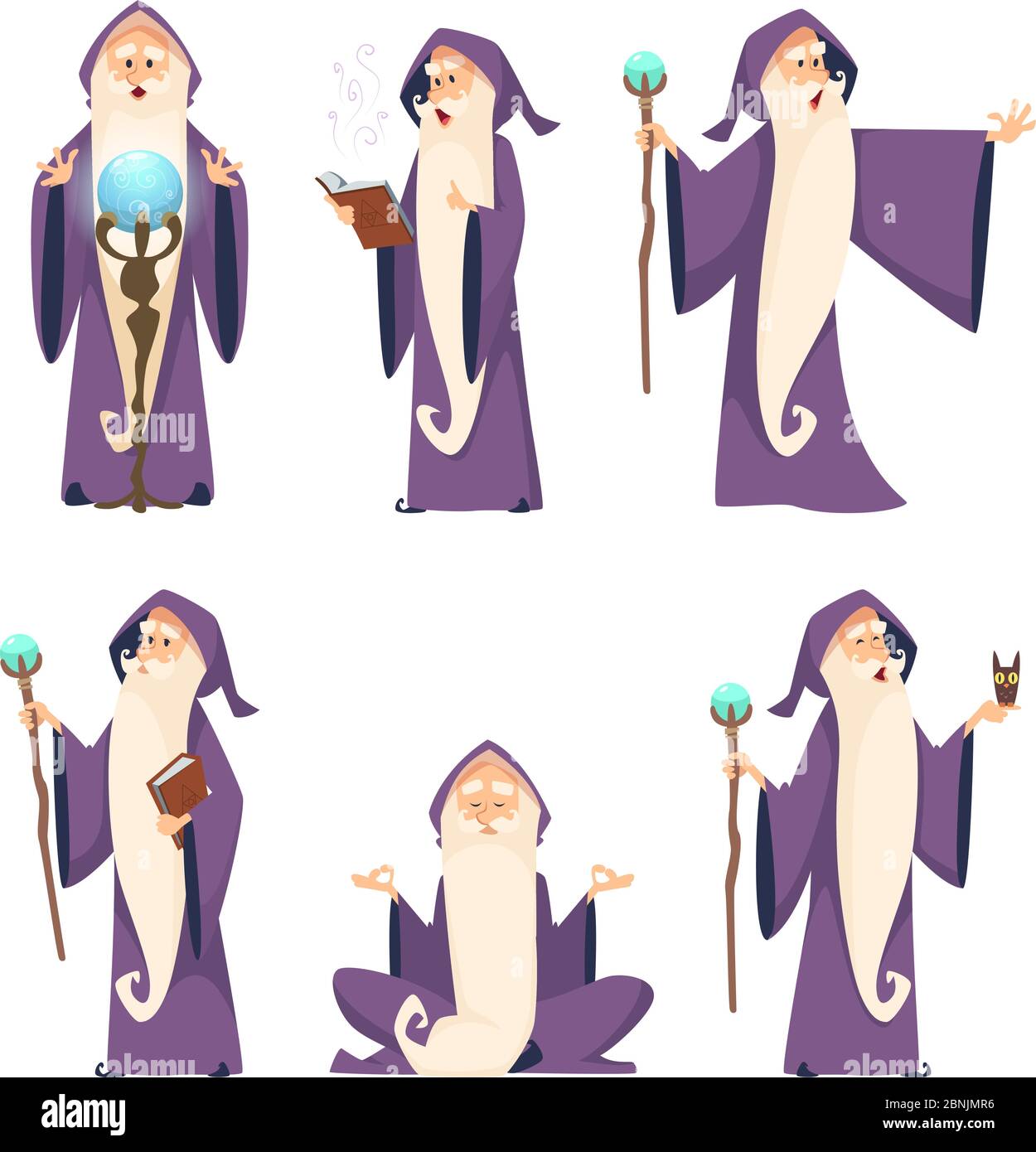 Wizard male. Cartoon mascot in action poses Stock Vector