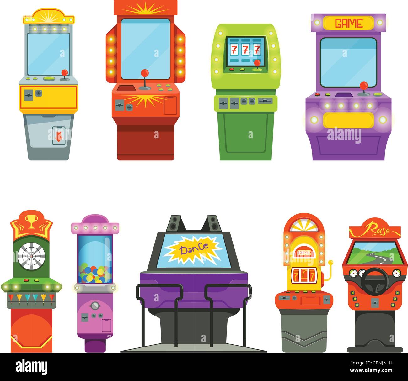 Vector colored illustrations of games machines. Driving simulator and different arcade games in amusement park Stock Vector