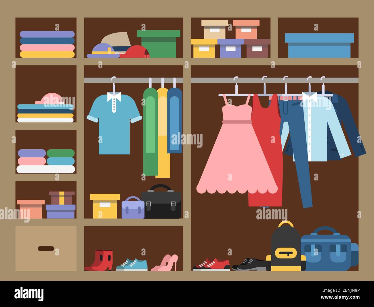 Large wardrobe with different clothes. Vector illustration in flat style Stock Vector