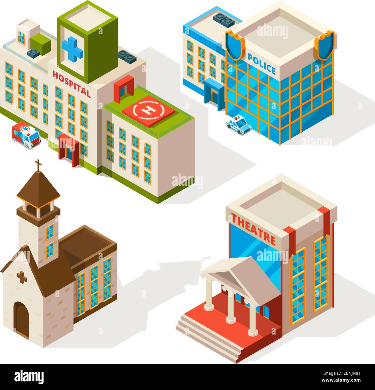 Isometric pictures of municipal buildings. Vector 3d architecture isolate on white Stock Vector