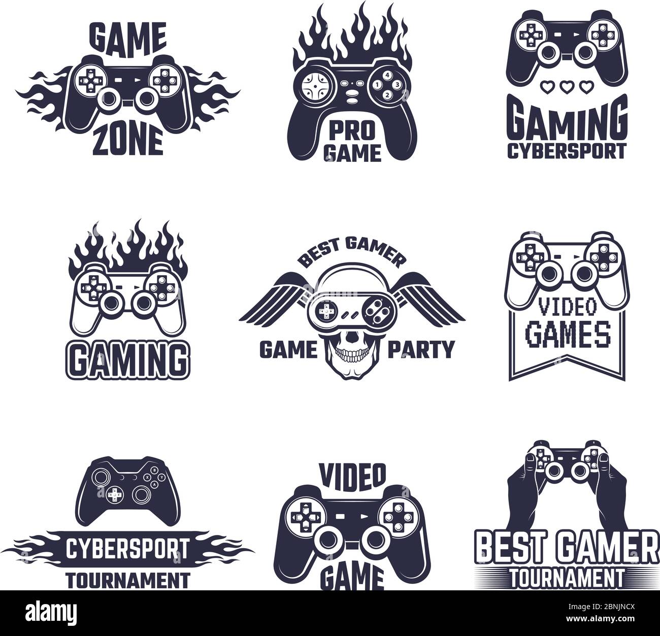 Cyber sport badges and labels. Pictures for gamers. Console and joystick Stock Vector