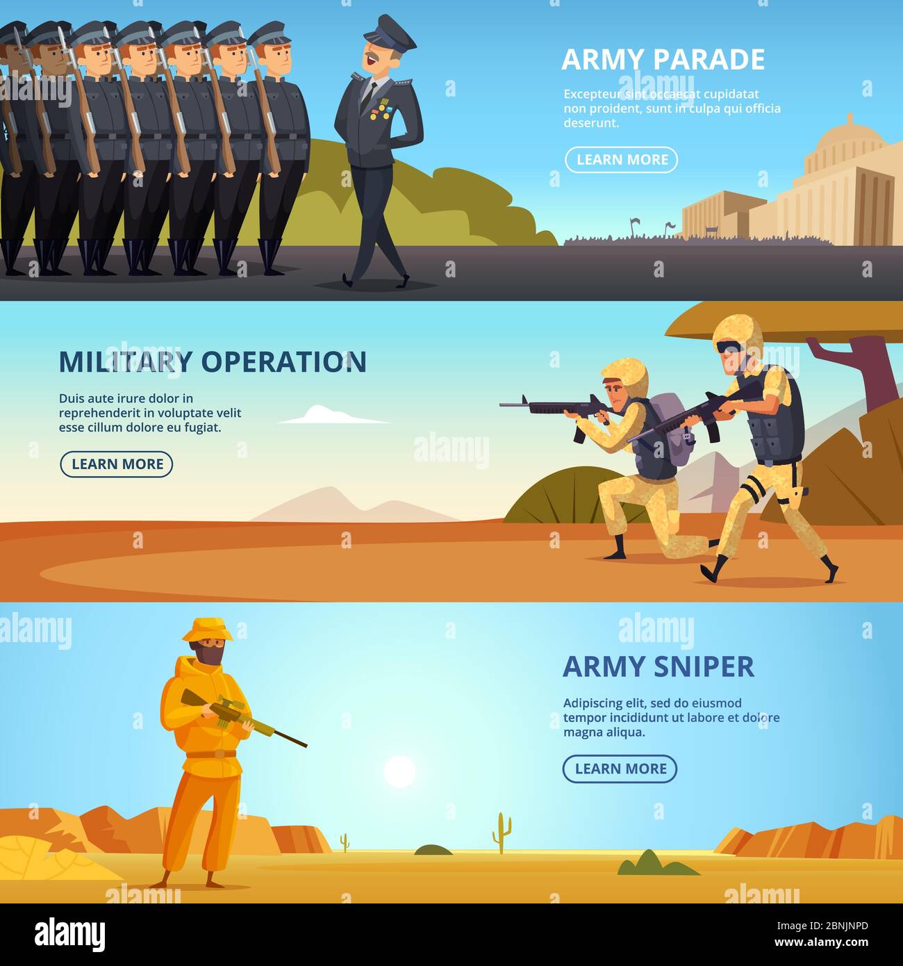 Banners set with illustrations of military characters and different specific tools Stock Vector
