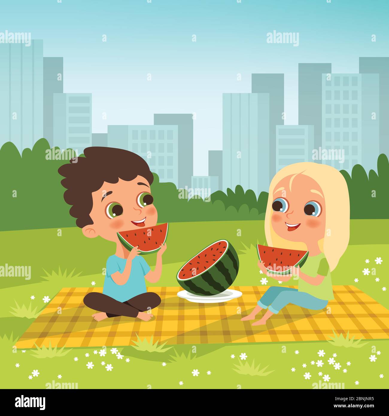 Kids couple sitting in the urban garden and eat some fruits. Picnic concept Stock Vector