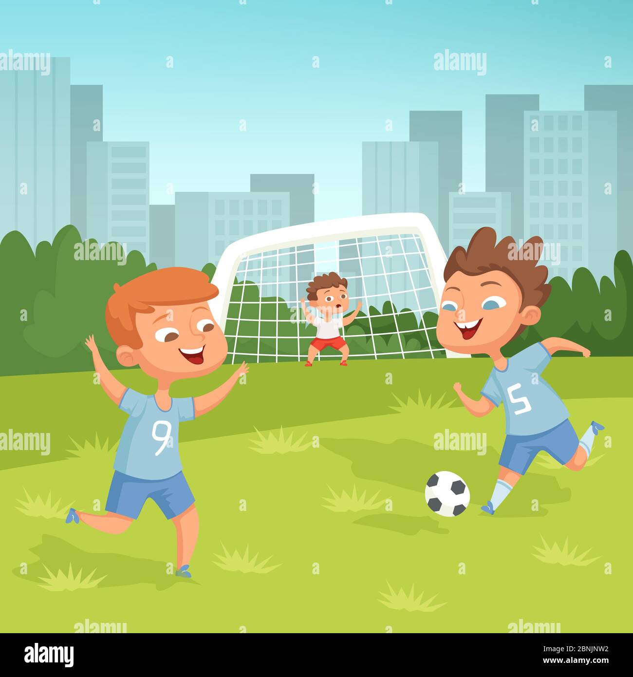 Active children playing football outdoor Stock Vector