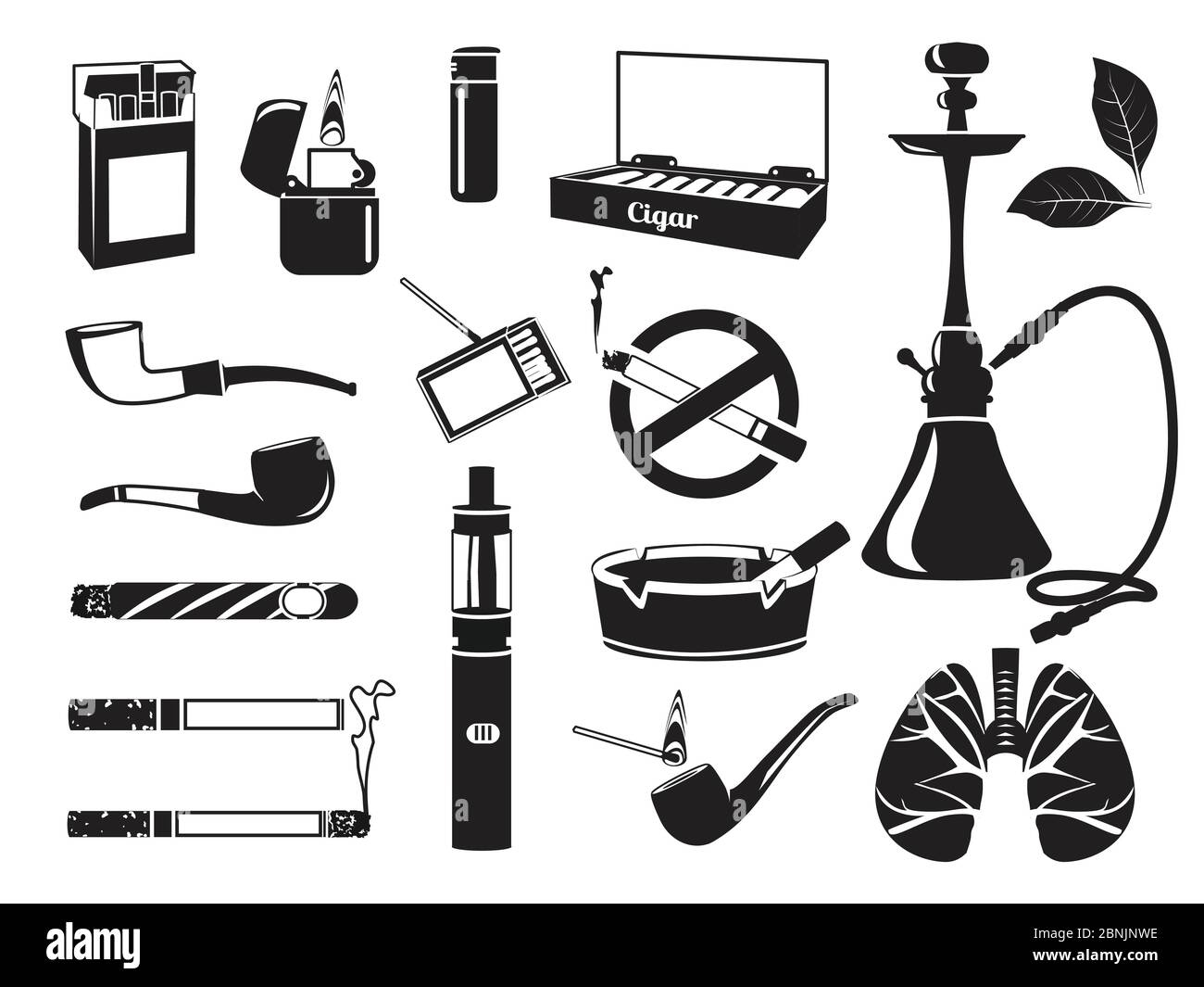 Monochrome pictures of hookah, tobacco leaves, cigars cigarettes and other tools for smokers Stock Vector