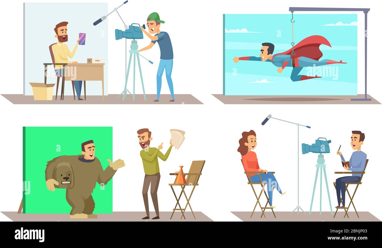 Different characters at movie making production. Vector pictures set Stock Vector