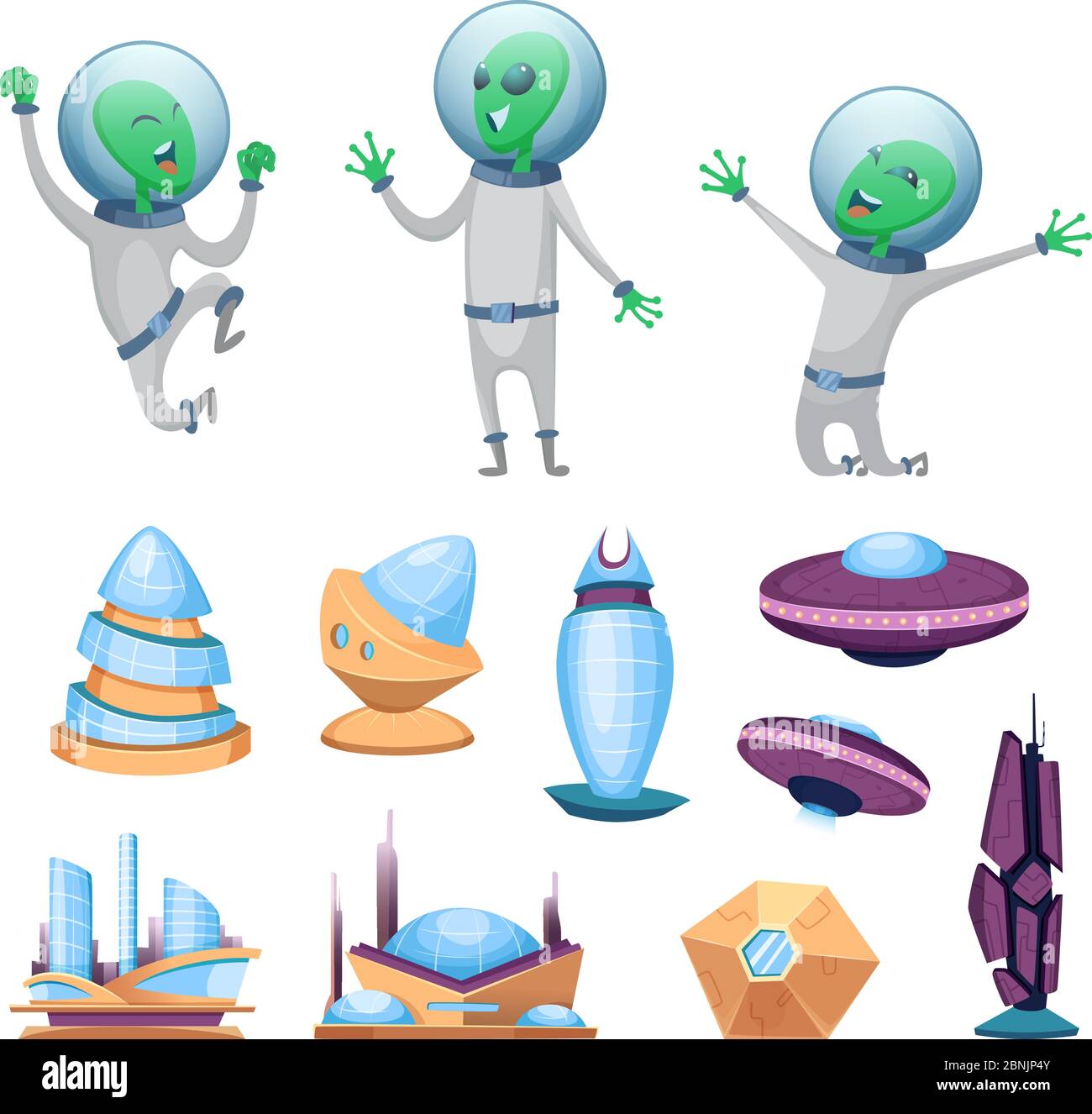 Space futuristic buildings and ufo ships. Various characters of aliens Stock Vector
