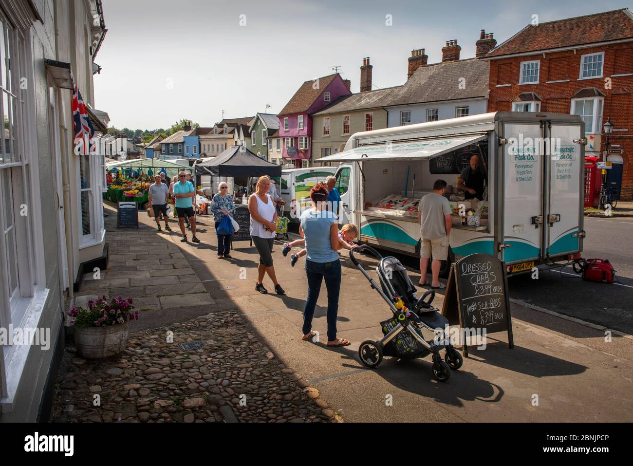 Thaxted Essex England. Market day showing social distancing due to Coronavirus. 8 May 2020 Stock Photo