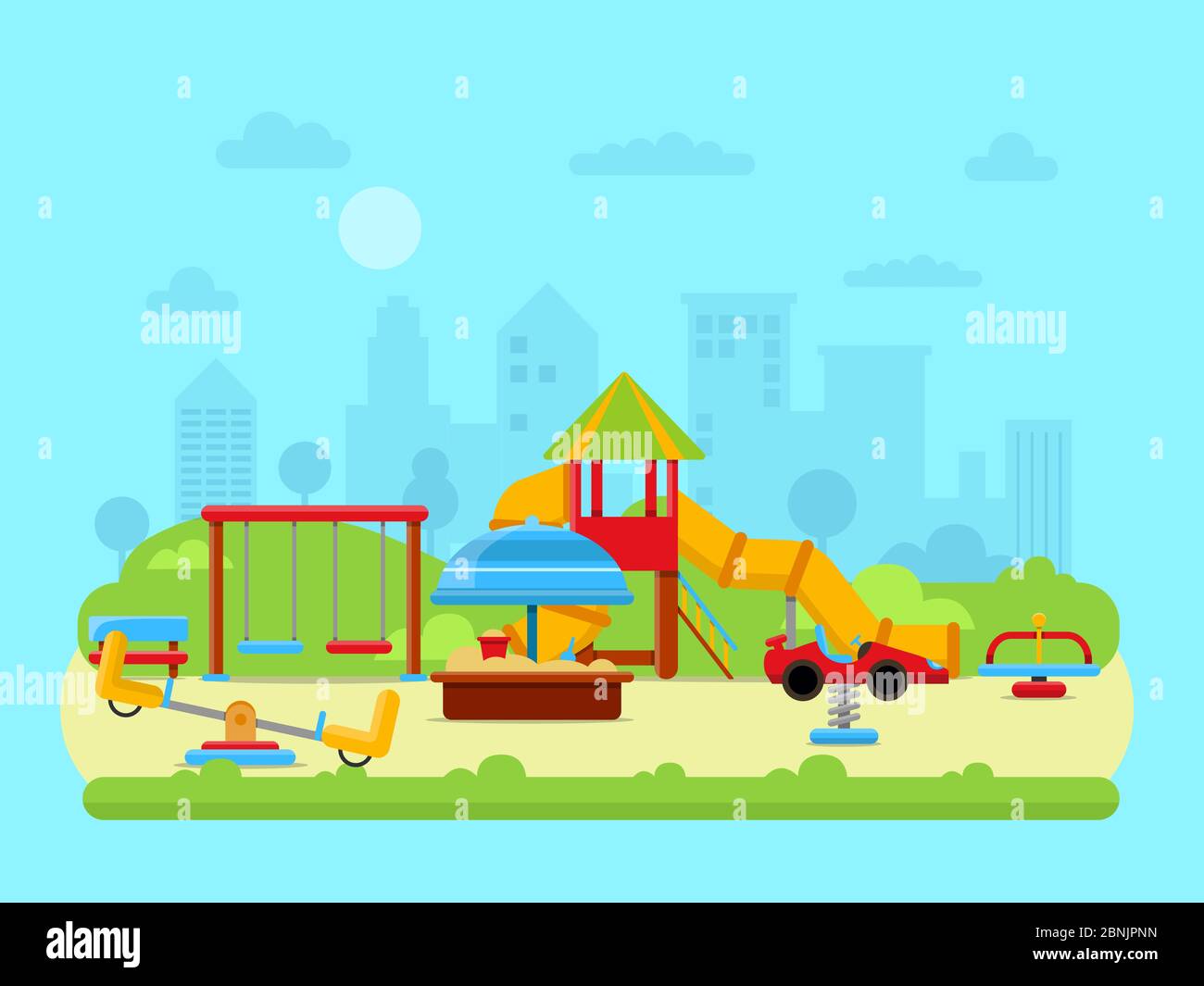 Vector illustration of urban landscape with park and childrens playground Stock Vector