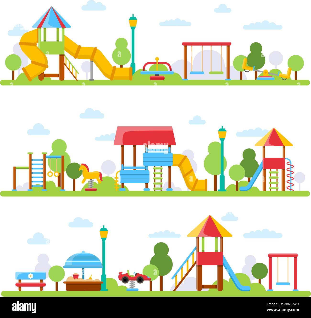 Horizontal illustrations with various views of children playground in urban park Stock Vector