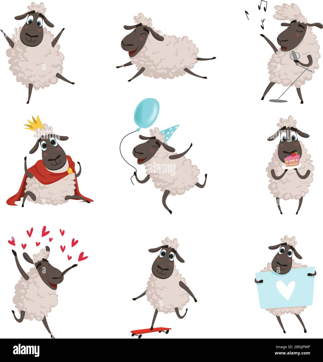 Cartoon farm animals. Sheep playing and making different actions. Vector characters set isolate on white Stock Vector
