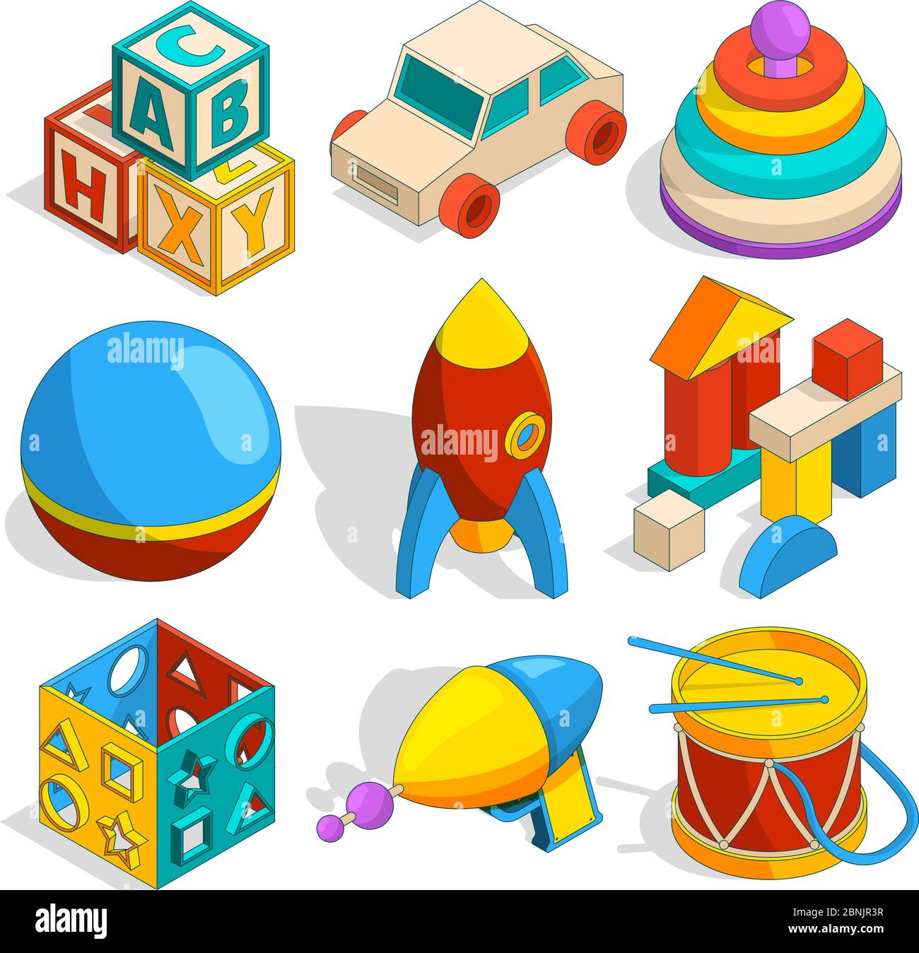 Isometric illustrations of various childrens toys Stock Vector