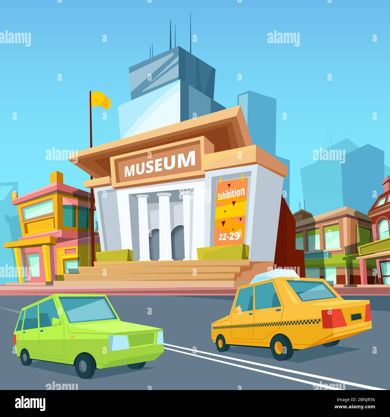 Urban landscape with various buildings and facade of historical museum Stock Vector
