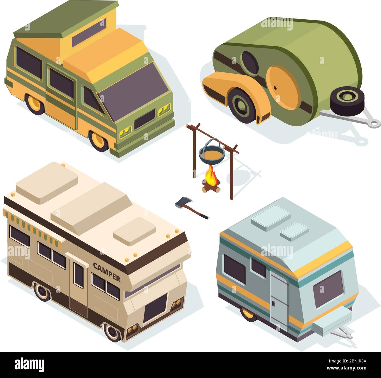 Isometric camping cars. Vector pictures isolate on white Stock Vector