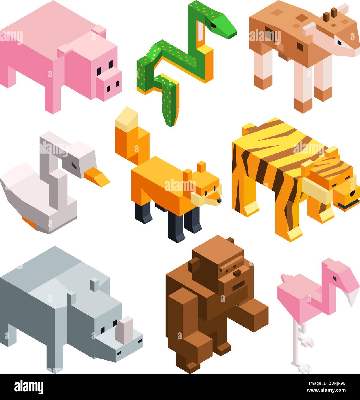 Vector pictures set of funny stylized animals. Isometric illustrations Stock Vector