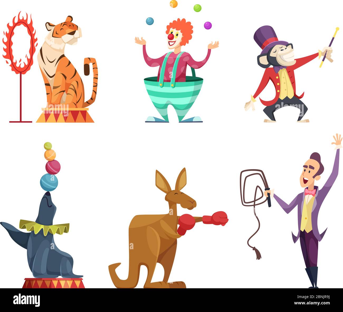 Circus cartoon characters. Vector mascots isolate on white Stock Vector