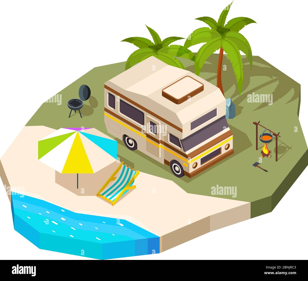 Camping car at the sea. Vector isometric composition Stock Vector