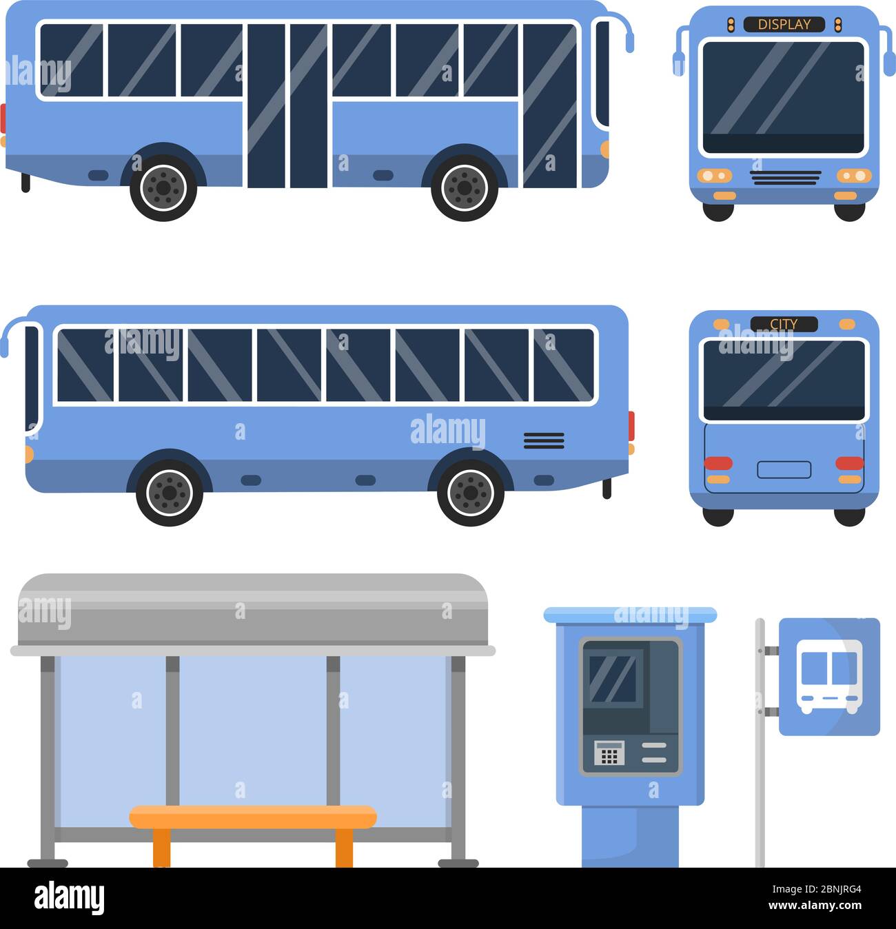 Illustration of bus stop. And various views of buses Stock Vector