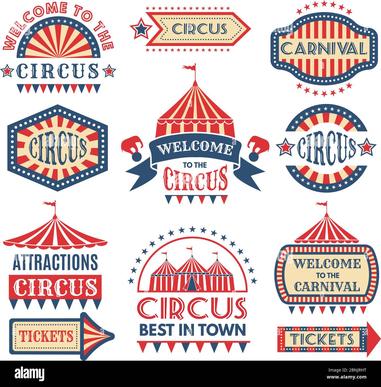 Carnival event logotypes template. Vector badges set isolate Stock