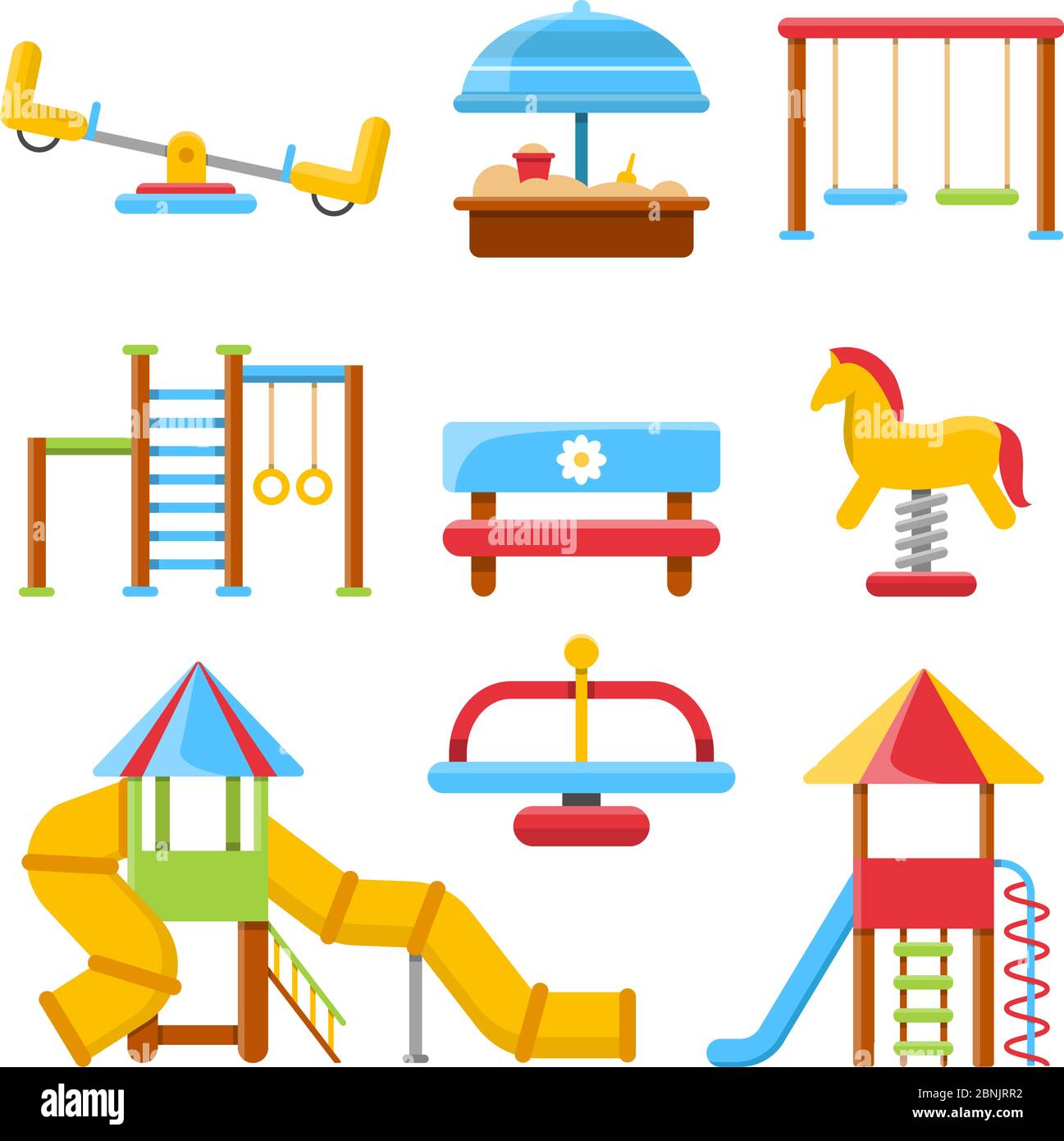 Flat illustrations of kids playground with various equipment Stock Vector