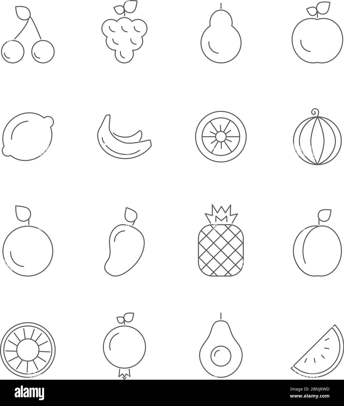 Various icons of fruits. Vegan symbols isolate on white. Vector linear illustrations Stock Vector