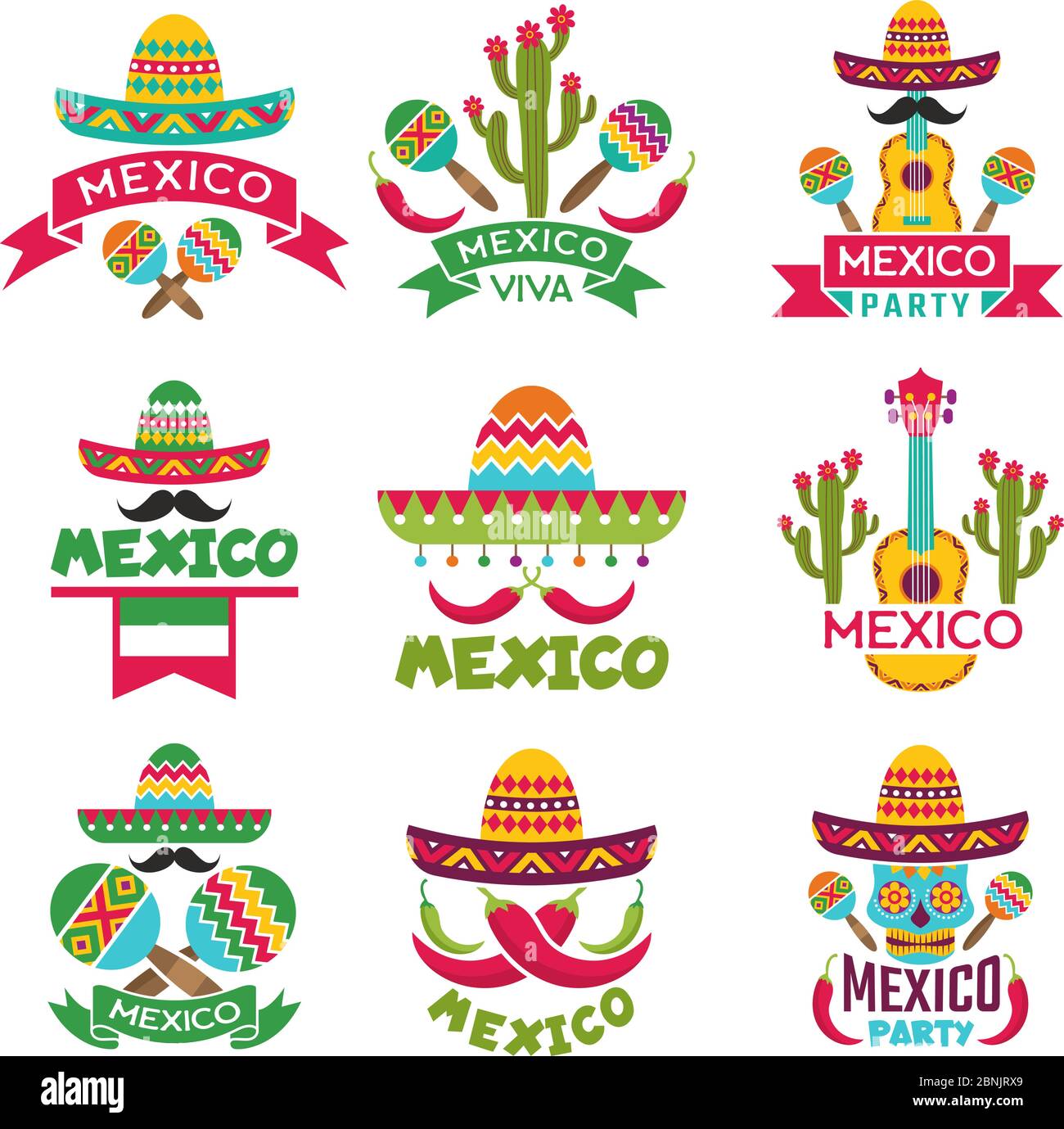 Mexican labels set. Vector colored designs of mexican badges Stock Vector