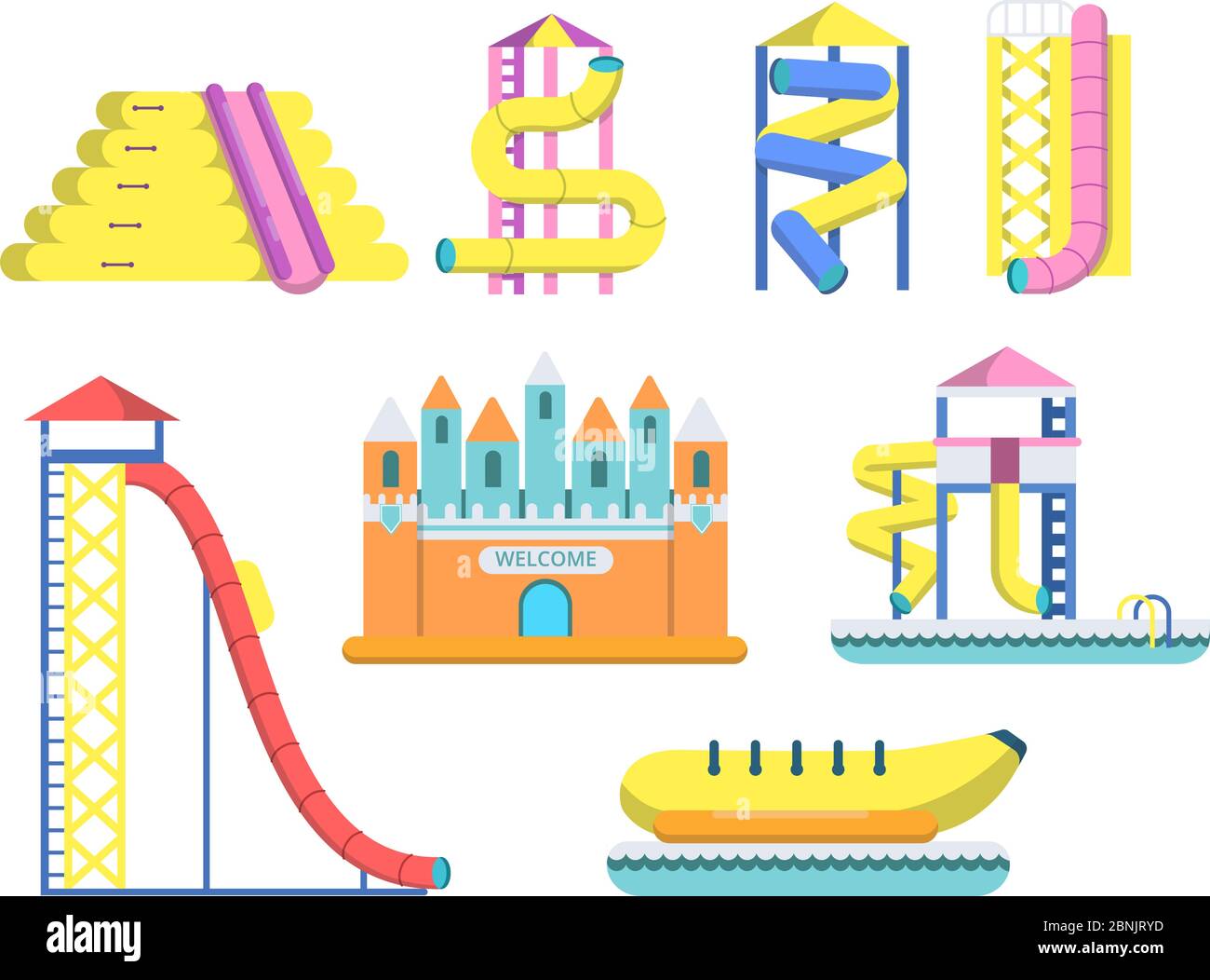 Flat illustrations of water park with various attractions Stock Vector
