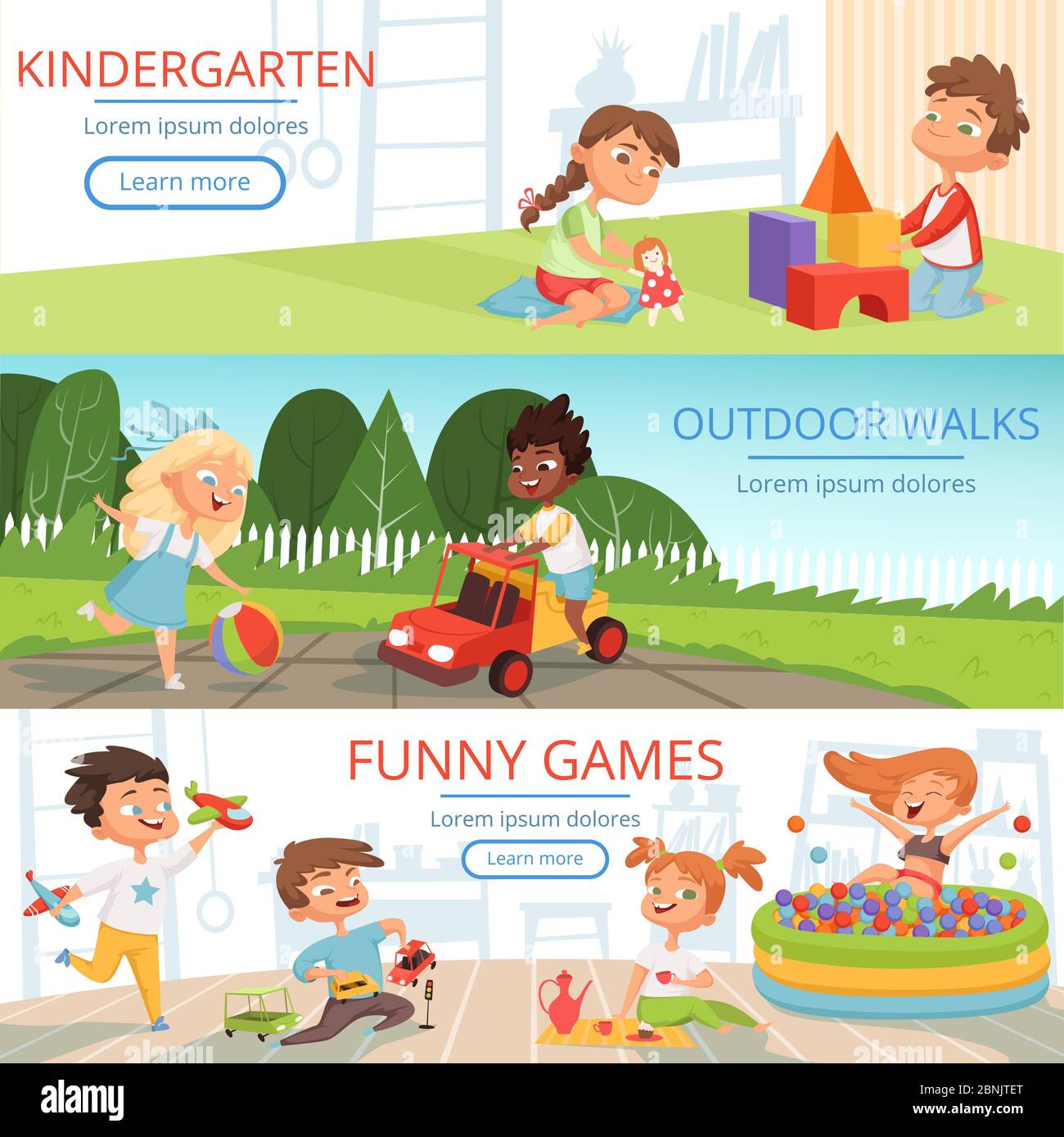 Banners set with pictures of preschool kids with various educational