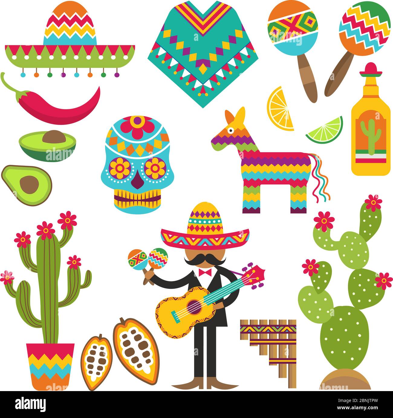 Mexican symbols. Vector design template of Traditional Mexican elements Stock Vector