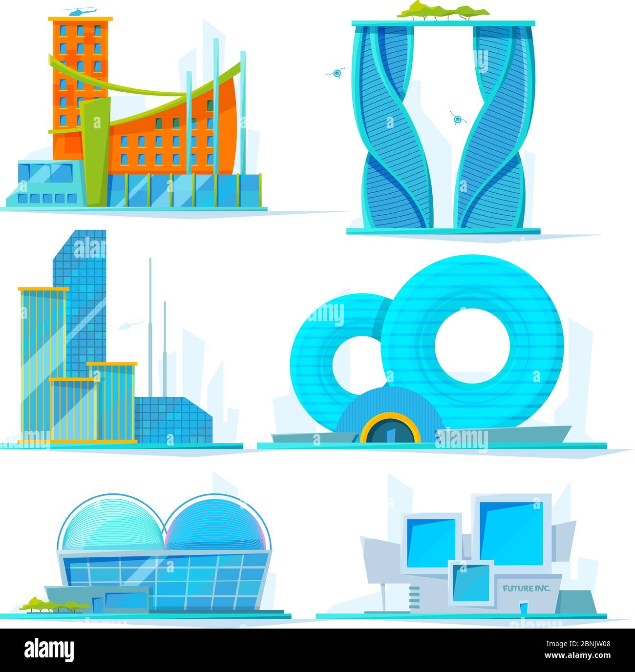 Futuristic buildings set. Vector flat pictures of various stylized buildings Stock Vector