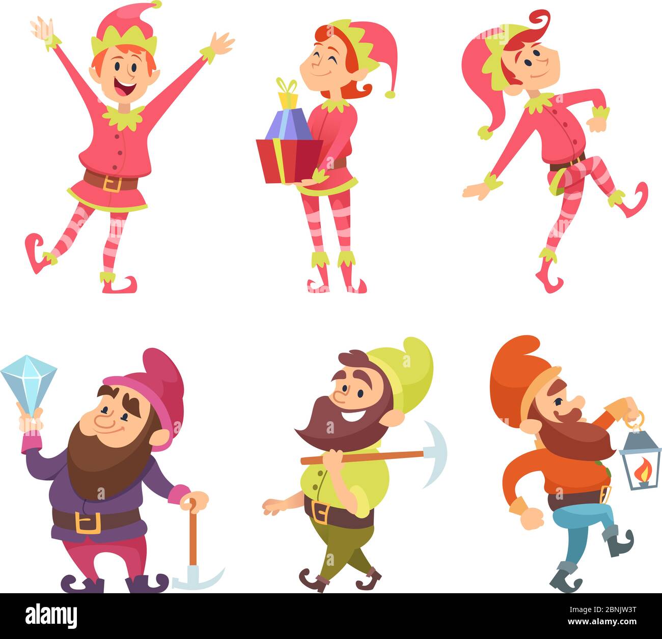 Dwarves and elves. Funny fairytale characters in dynamic poses Stock Vector
