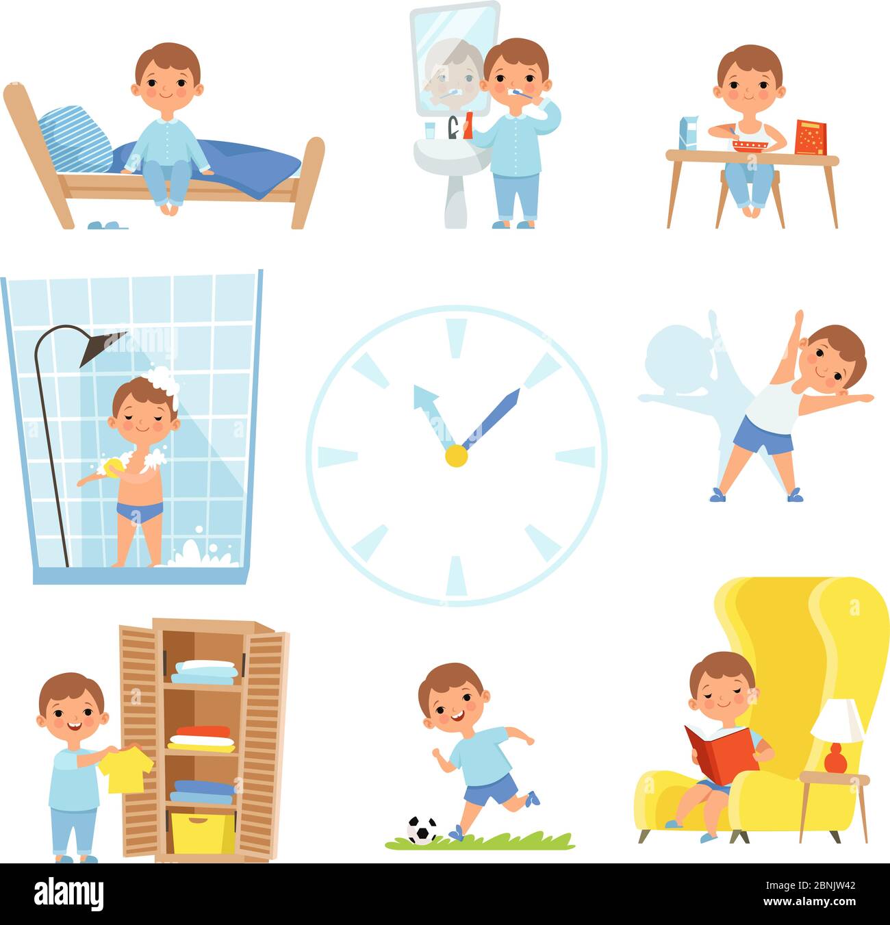 Daily routine. Kids making various cases in all day Stock Vector